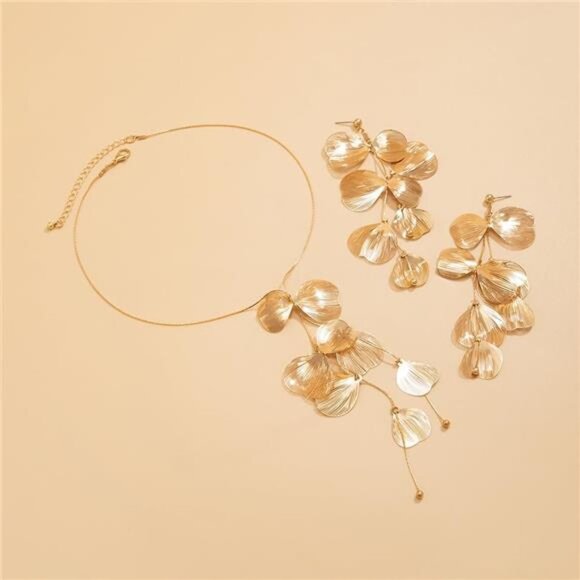 Statement Gold Leaf Choker Necklace Earrings Set Trendy Boho Ginkgo Leaves - Picture 5 of 7